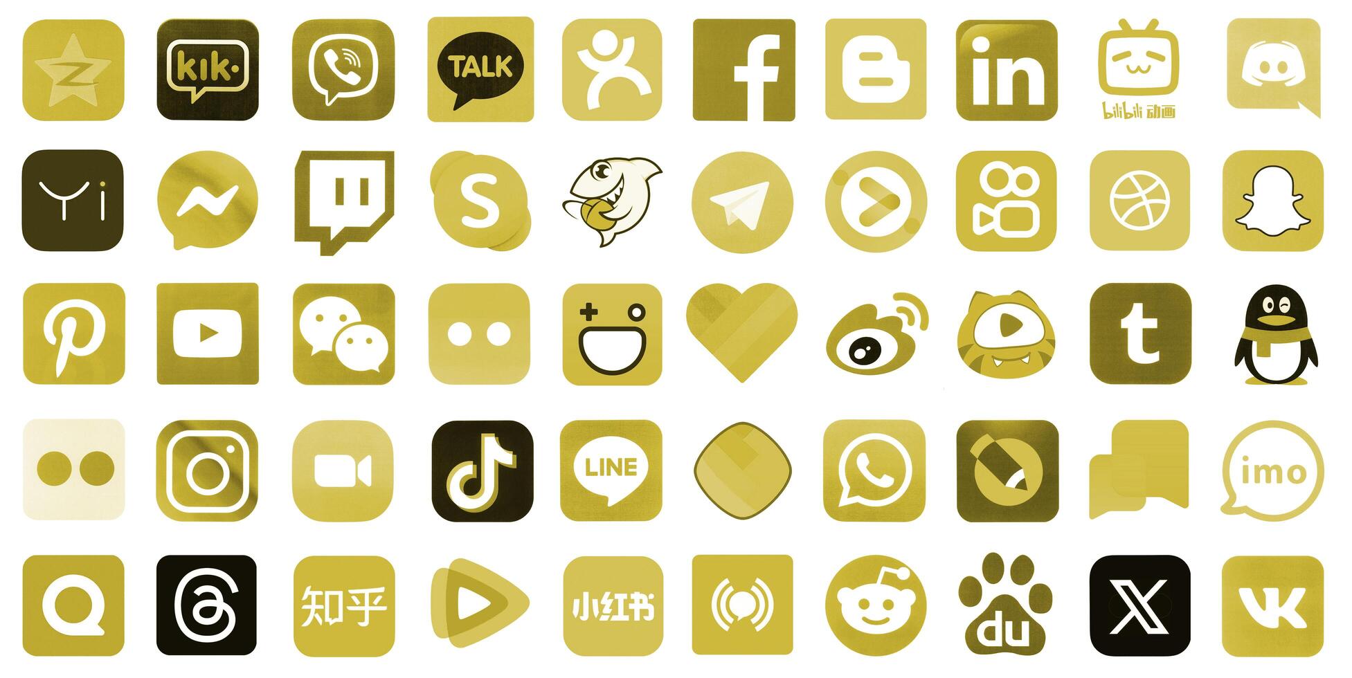KYIV, UKRAINE - APRIL 1, 2024 Many icons of social media, messengers, sharing platforms photo