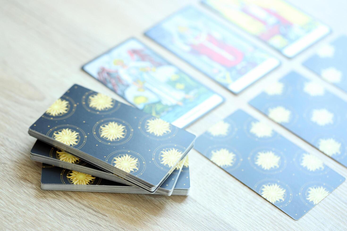 KYIV, UKRAINE - JULY 10, 2024 Tarot minor and major arcana cards of Rider Waite esoteric deck. Many tarot cards for fortune telling and esoteric actions photo