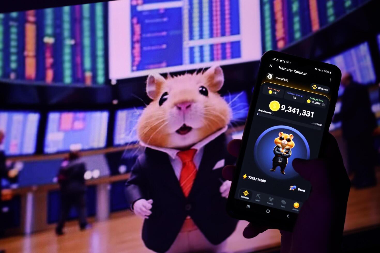KYIV, UKRAINE - APRIL 20, 2024 Hamster Kombat telegram bot on smartphone screen. Hamster Kombat is a viral Telegram-based crypto game for earn HMSTR tokens by managing virtual crypto exchange photo