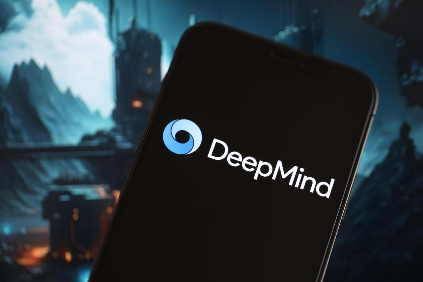 KYIV, UKRAINE - MARCH 17, 2024 DeepMind logo on iPhone display screen with background of artificial intelligence futuristic image photo
