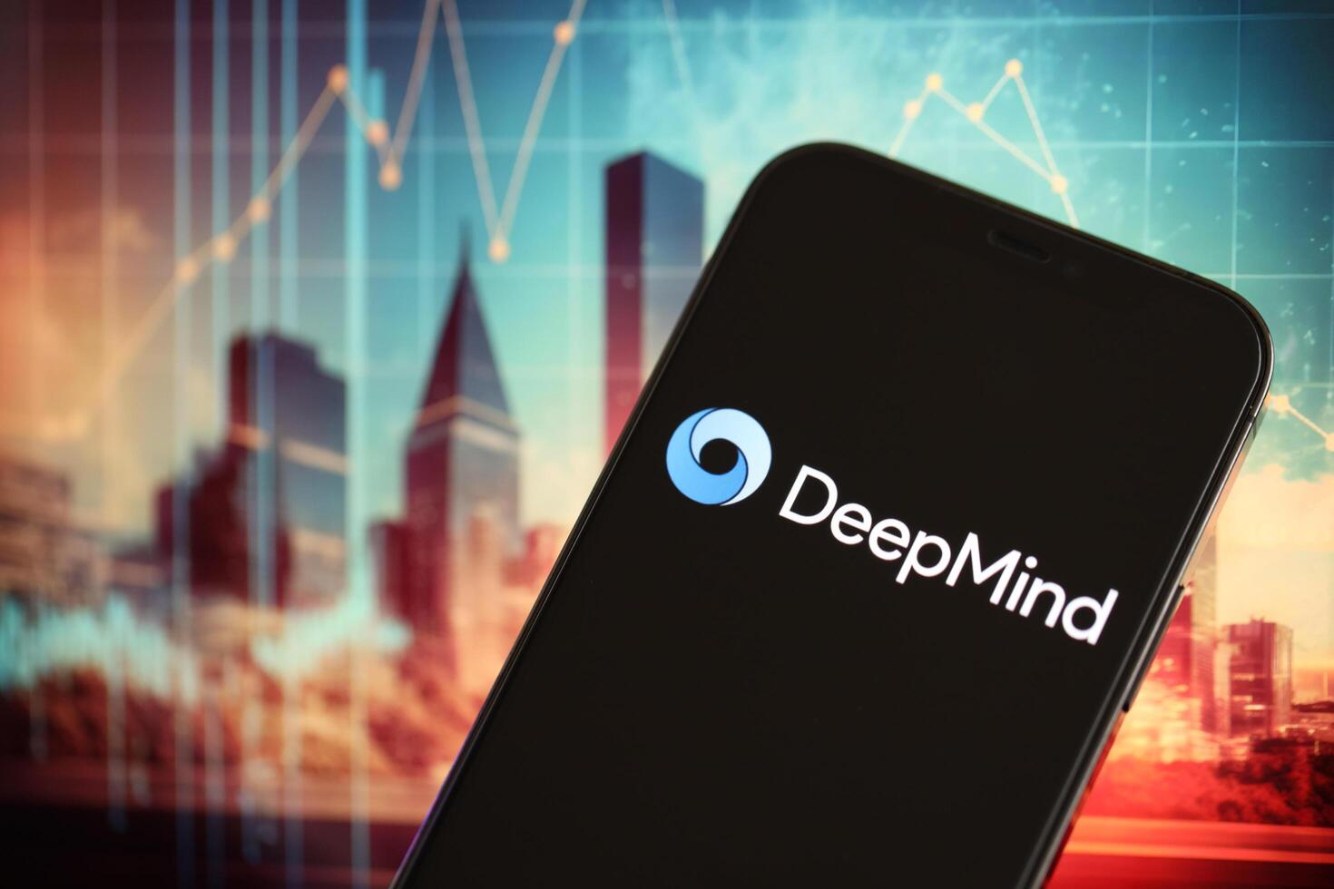 KYIV, UKRAINE - MARCH 17, 2024 DeepMind logo on iPhone display screen with background of artificial intelligence futuristic image photo