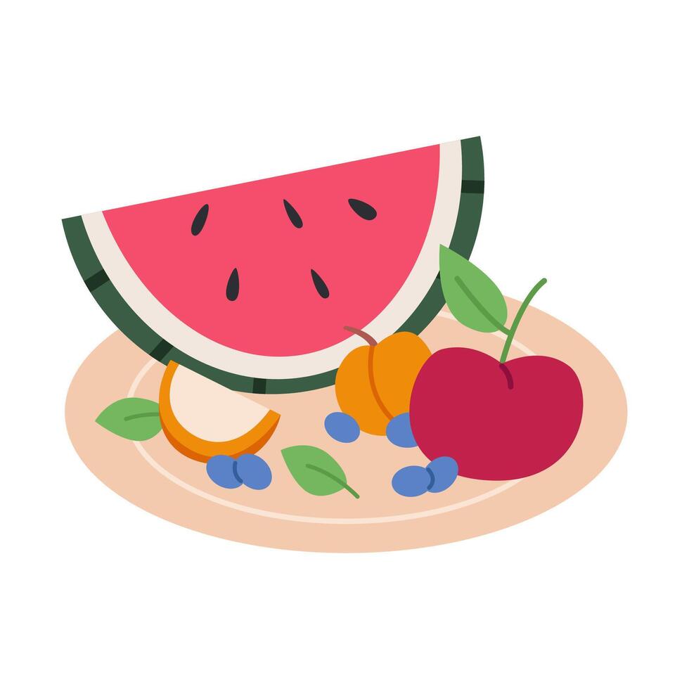 Plate with berries and fruits. Flat illustration isolated on white background. vector
