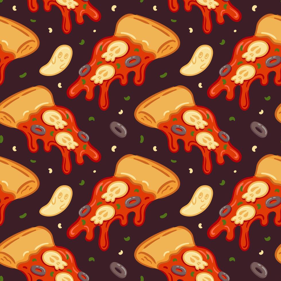 Seamless pattern of cute Margherita pizza slice with scary Halloween decoration. Cheese ghosts and mozzarella skull. Colorful fantasy food illustration. For cafe, fabric, packaging, background. vector