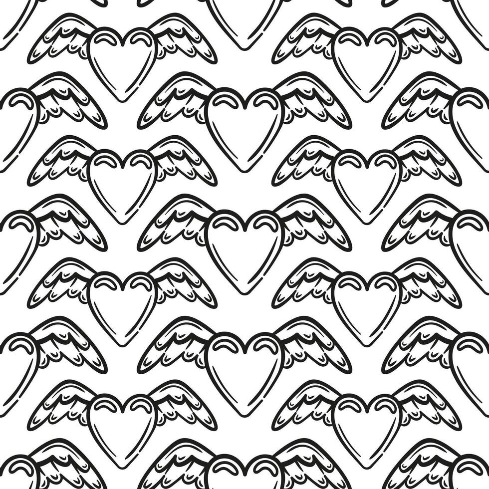 Seamless pattern Shining heart with angel wings. illustration in 2000s style. Aesthetics of the 90s, 00s. For wallpaper, fabric, wrapping, background. vector