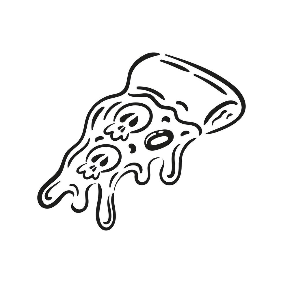 Cute pizza with scary Halloween decorations. Mozzarella or mushroom skulls. Colorful fantasy food illustration in doodle style. For posters, postcards, banners, design elements vector