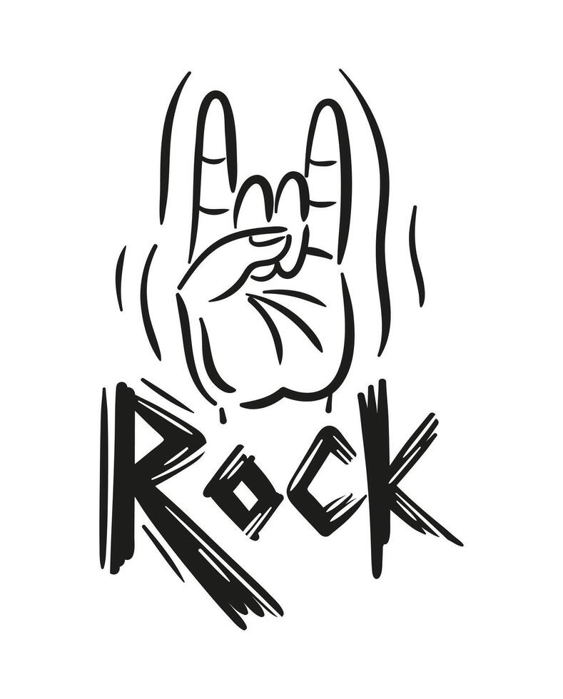 Horns sign, Cool hand gesture, goat. hard rock illustration. Informal subculture, freak. Grunge lettering, sketch drawing. Heavy metal, Music. For for music festival, logo, posters, design vector