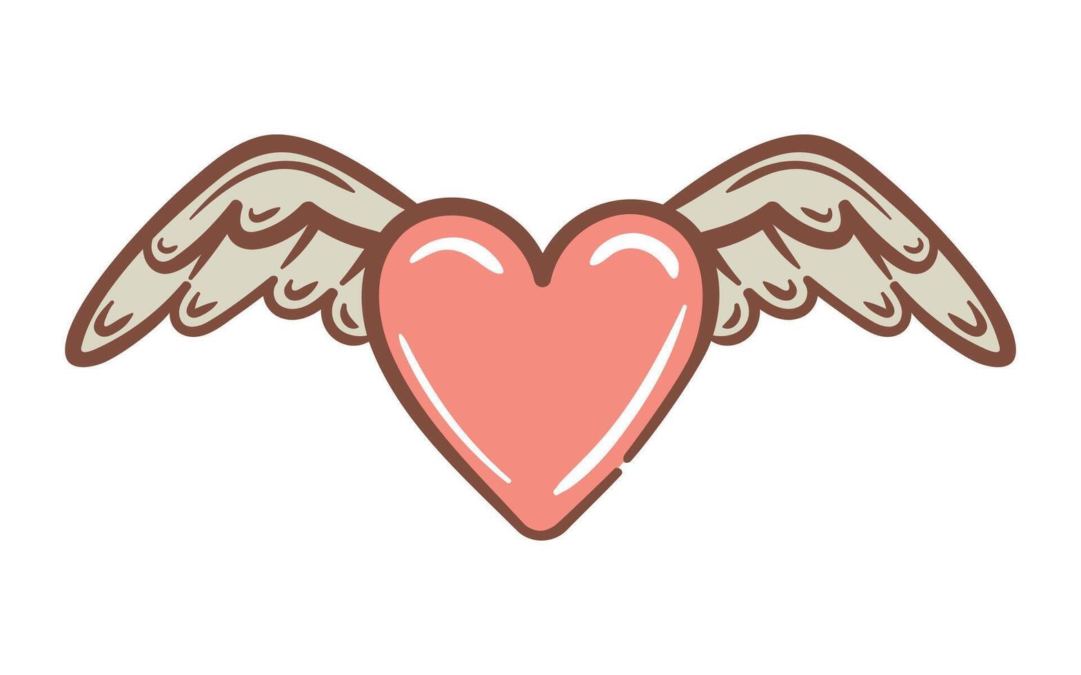 Shining heart with angel wings. illustration in 2000s style. Aesthetics of the 90s, 00s. For tattoo, logo, sticker, design element. vector
