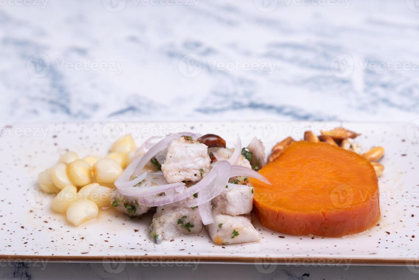 Close-up of traditional Peruvian food called Ceviche presented in a minimalist way. photo