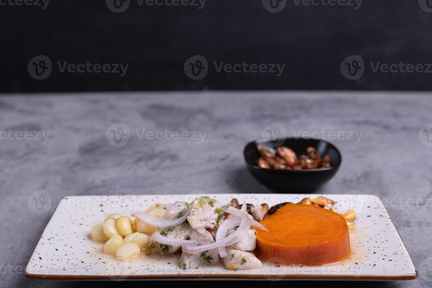 Peruvian ceviche tray served on a gray background. photo