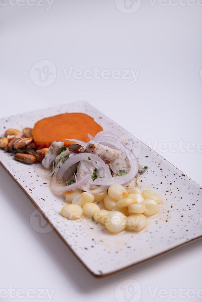 Minimalist presentation of a Peruvian dish called Ceviche on a white background. photo