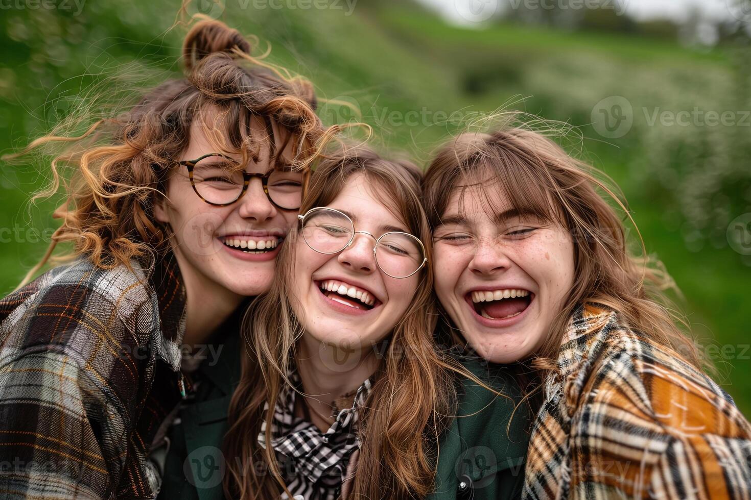 Close-Up Portrait of Three Happy Friends Laughing and Having Fun Outdoors on a Sunny Day, Captured with a Wide-Angle Lens and Bokeh Effect, Ideal for Commercial Use in Outdoor Lifestyle Campaigns photo