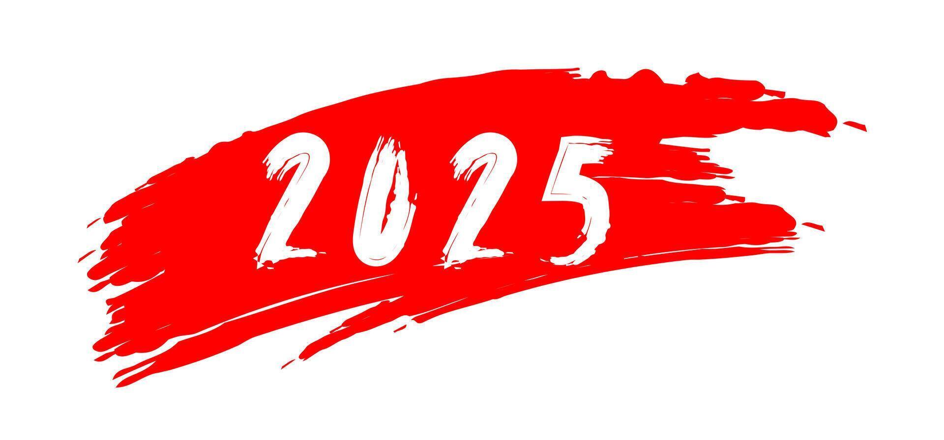 Inscription 2025 with a brush on red background. White calendar numbers in handmade grunge style. Creative banner for the new year vector