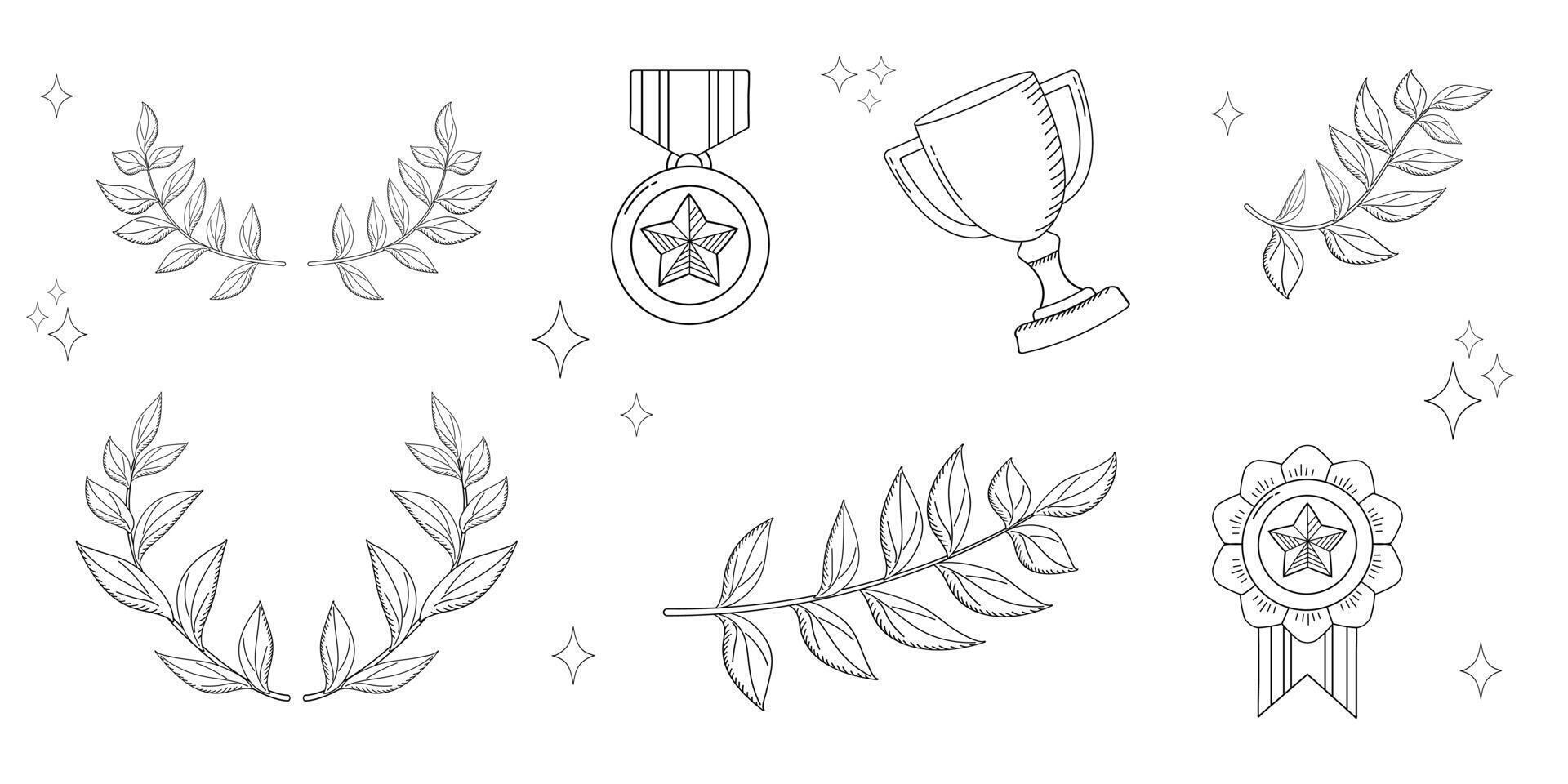 Winner elements in doodle style. Cup and laurel wreath for award ceremony. Linear illustration for champion diploma design vector