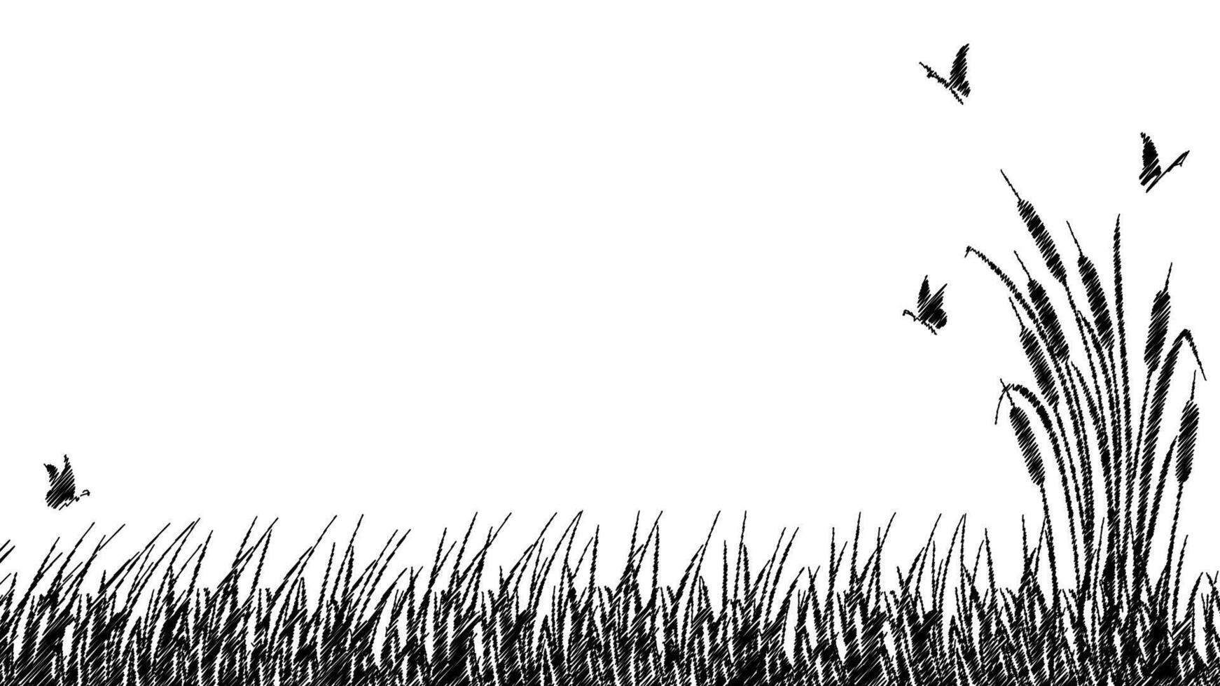 Landscape silhouette of reeds and marsh grass. Sketch of cattail landscape with butterflies vector