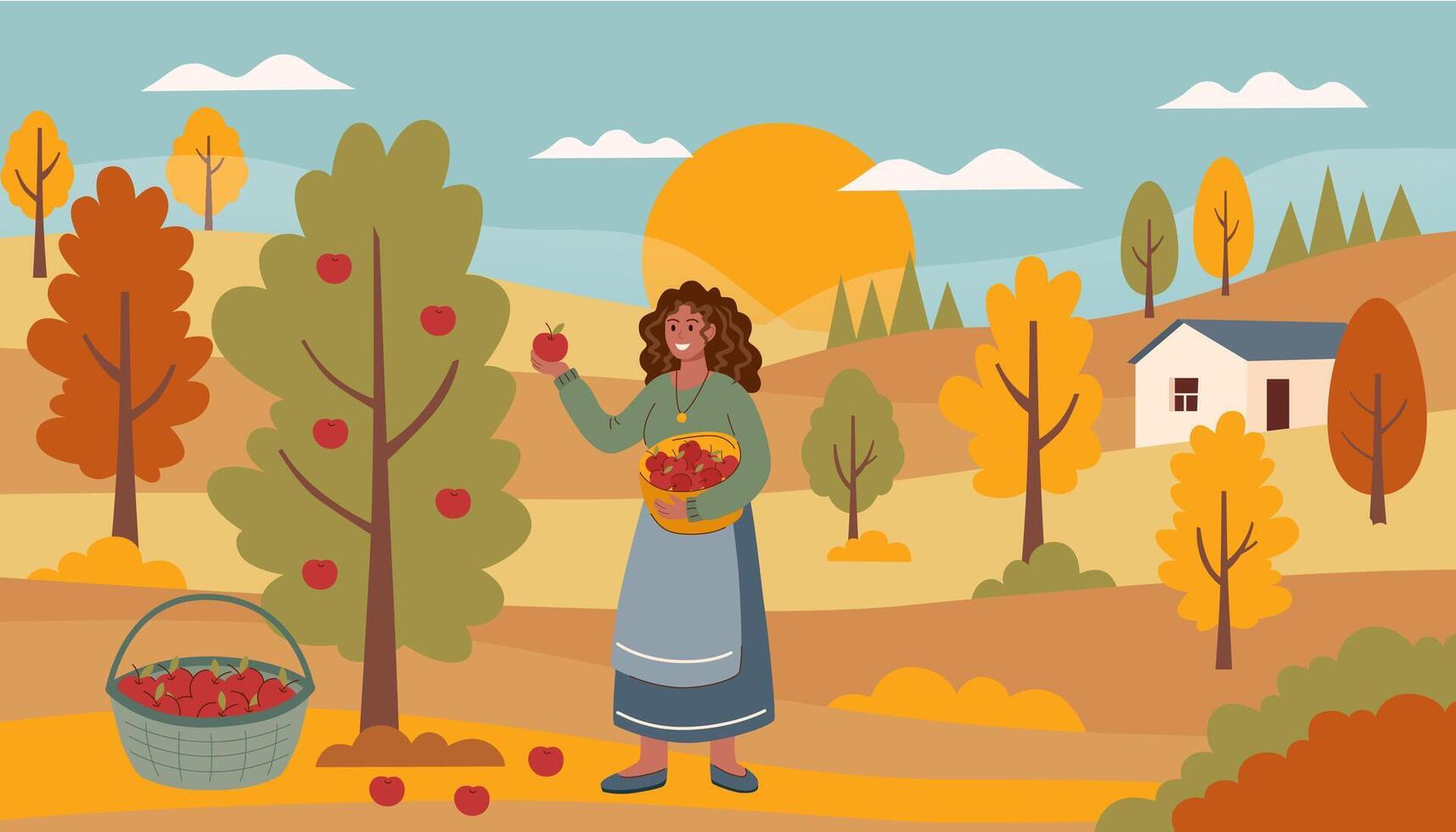 Happy harvest background. Harvest festival background. Autumn, harvest and Thanksgiving concept. Woman with basket of apples, picking apples at the nature. vector
