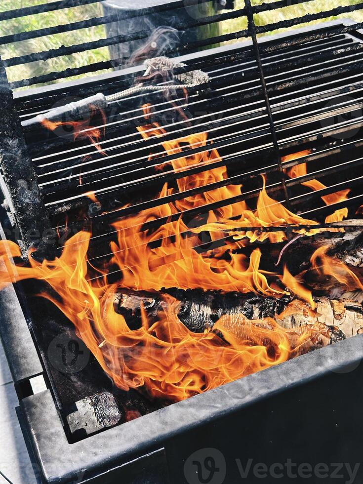Barbecue Grill With Fire Flames. Open empty Fire Grid. photo