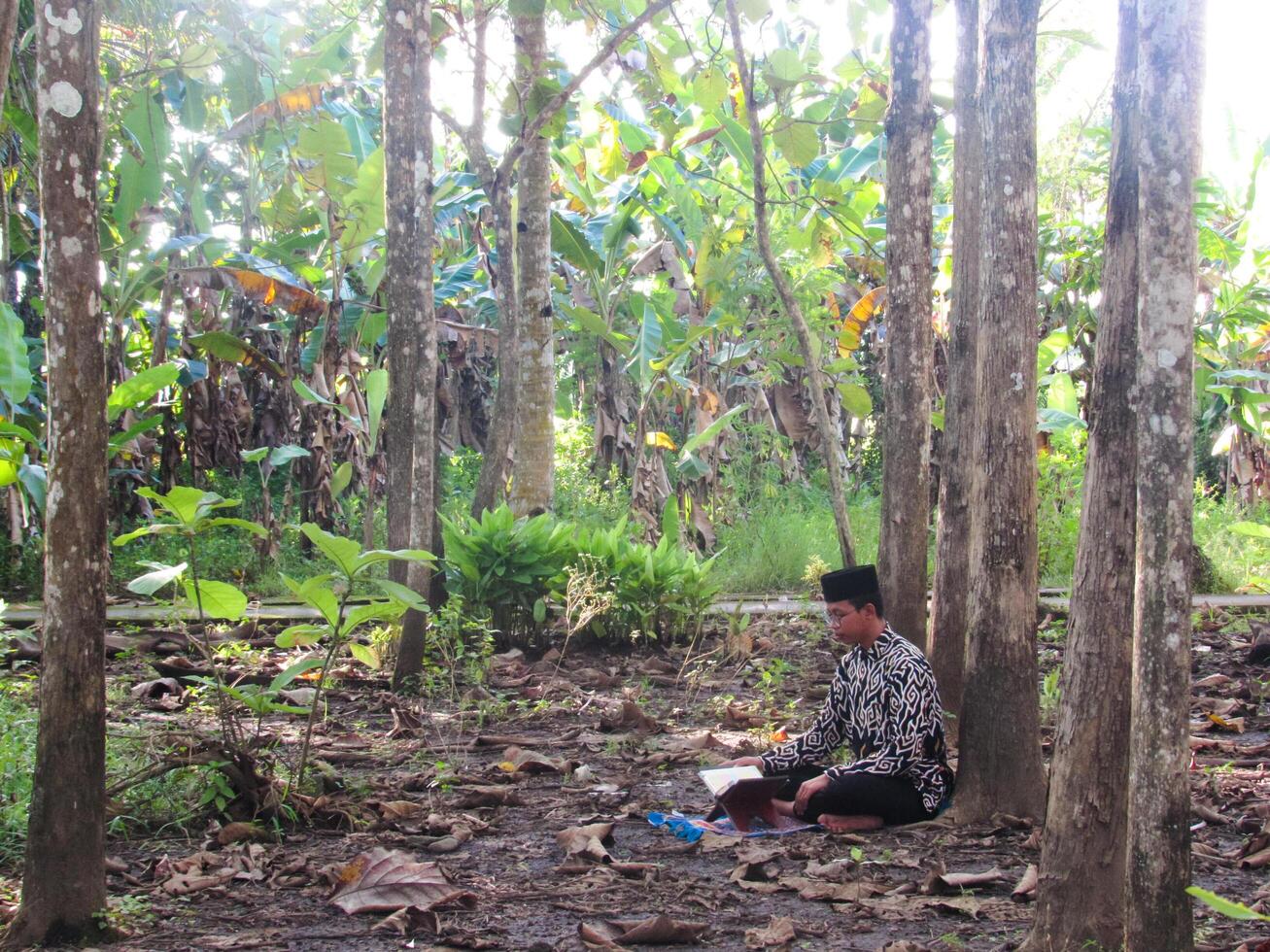 An Asian Muslim man is sitting and reading the Quran. The peace in the middle of forest makes it an energetic atmosphere of faith, traditional vibes photo