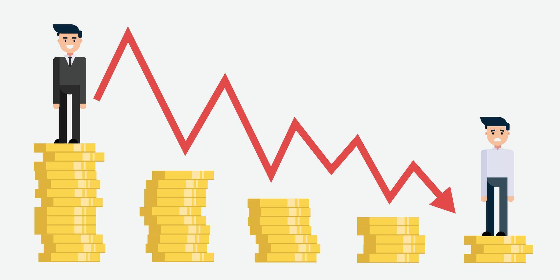 Businessman flat character design, falling down arrow chart. Business failure, investment loss. illustration vector