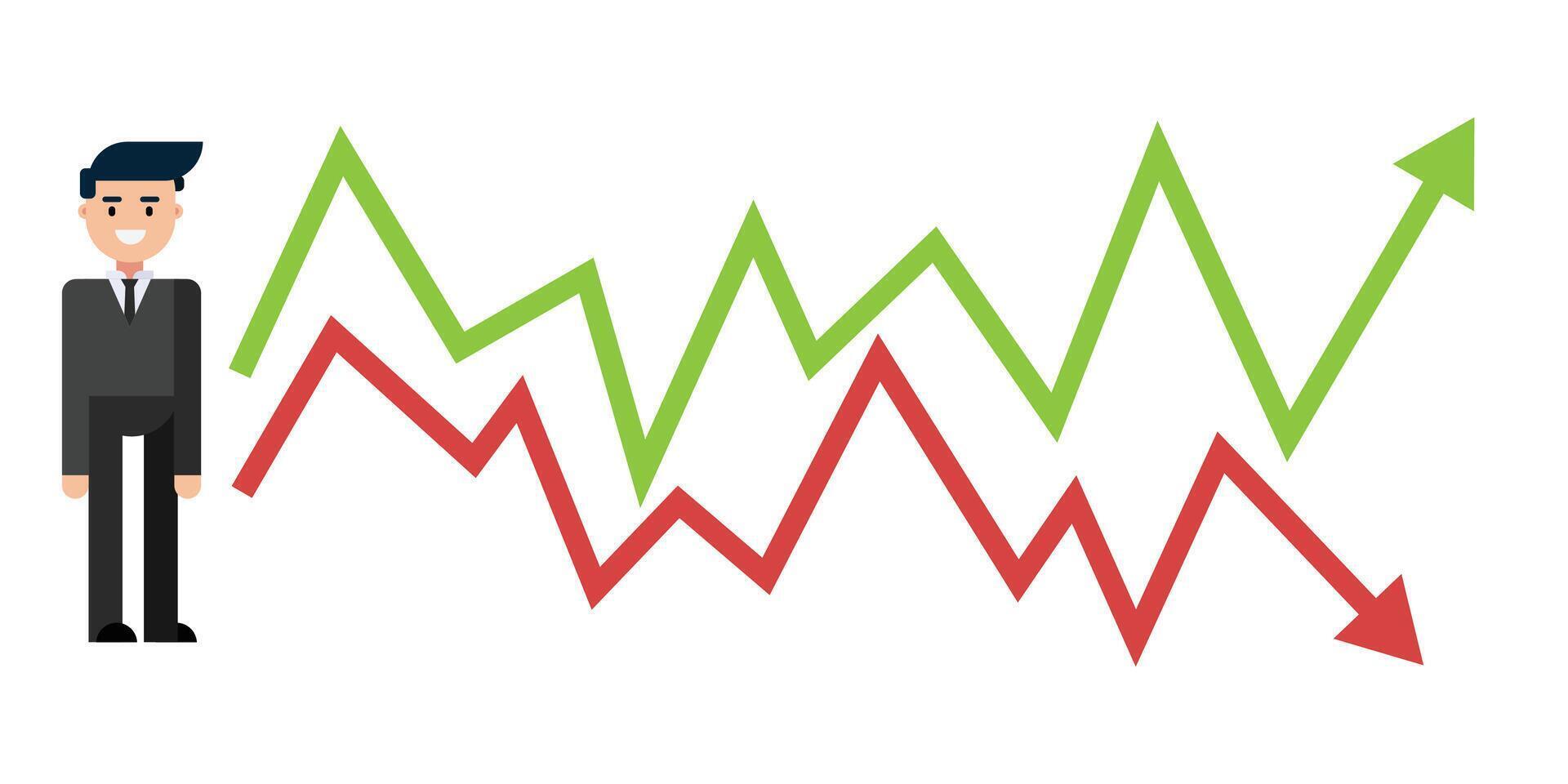 Businessman flat design, loss and gain on investment, profit or lose money from stock, financial green and red arrow chart concept. vector