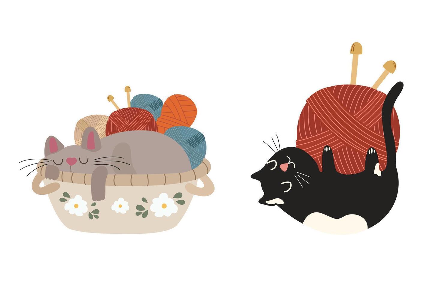 Happy international cat day characters design collection. Set of adorable playful cats. Furry human friends home animals. Threads for knitting. Cozy hobby tools collection vector