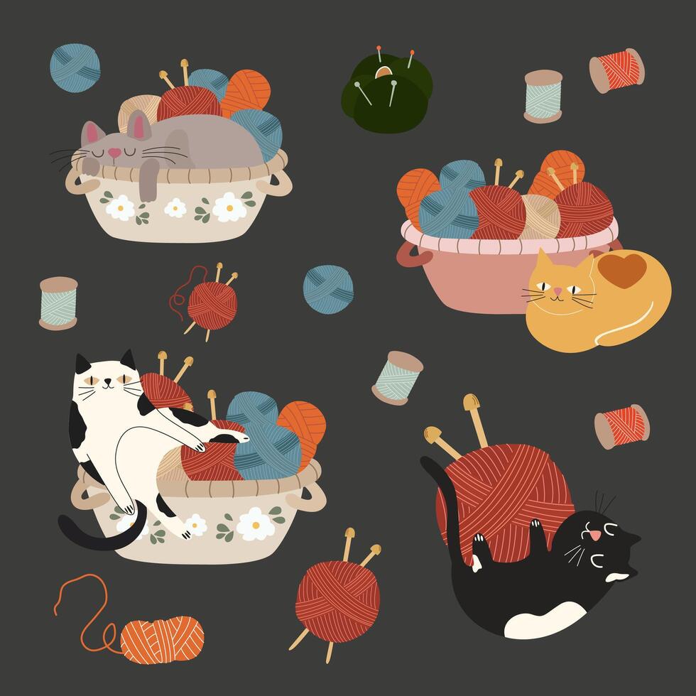 Happy international cat day characters design collection. Set of adorable playful cats. Furry human friends home animals. Threads for knitting. Cozy hobby tools collection vector