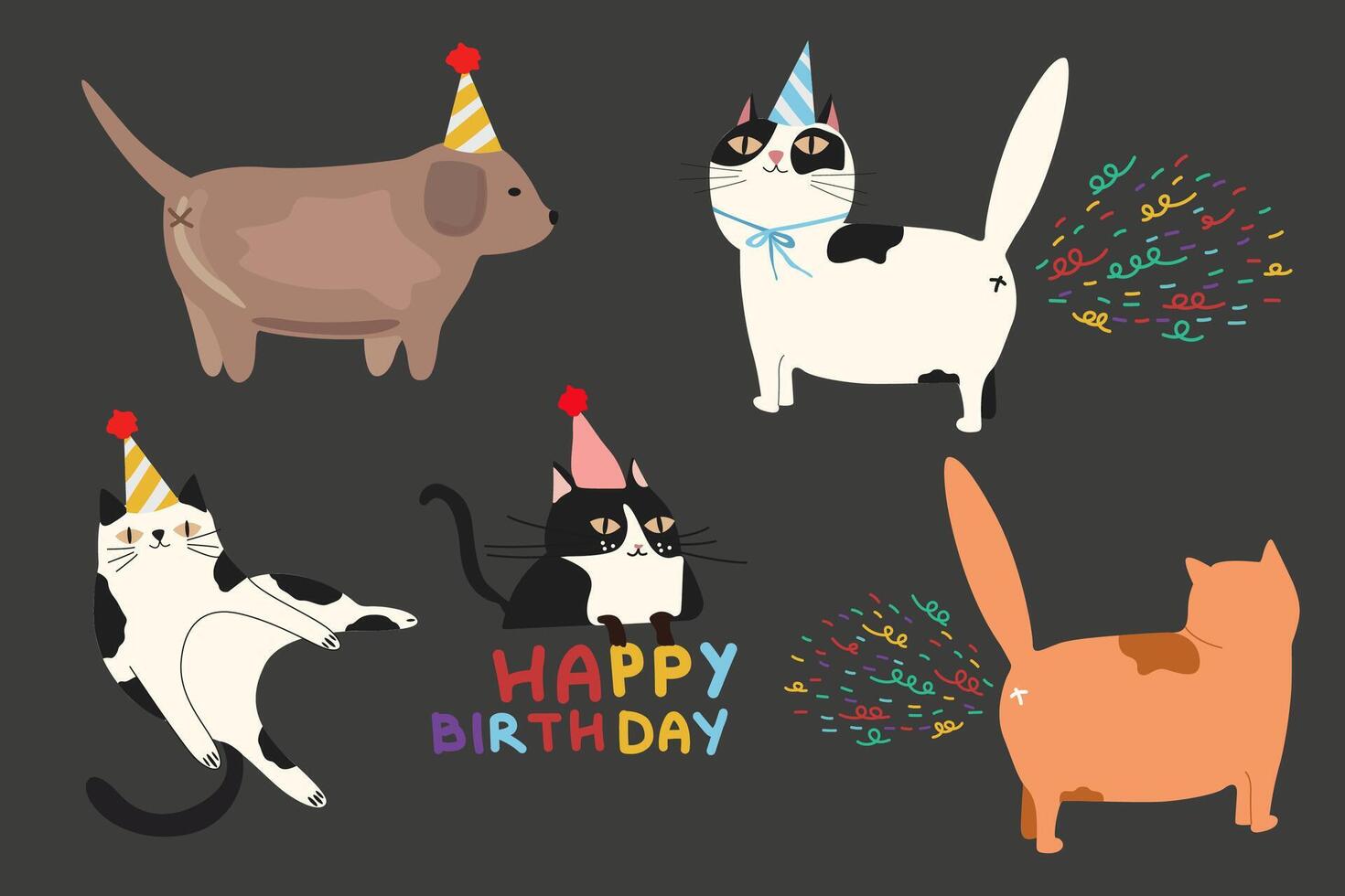 Set of Birthday greeting cards with cute cartoon character animals and colorful confetti background. Adorable playful cats and dog in festive hats. Furry human friends home animals vector