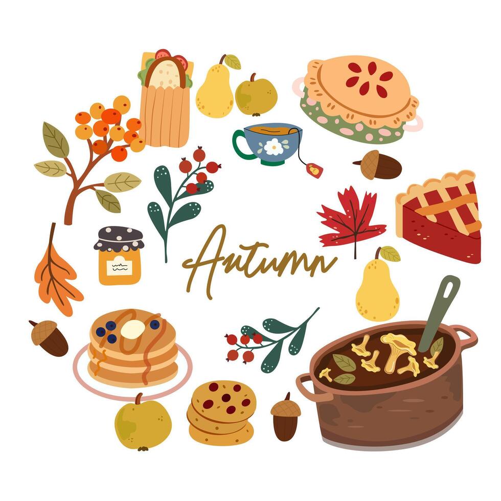 Hello, Autumn. Floral seasonal frame. Autumn set of hand-drawn icons. Set of forest plants, leaf, forest animals, autumn clothes, weather and food vector