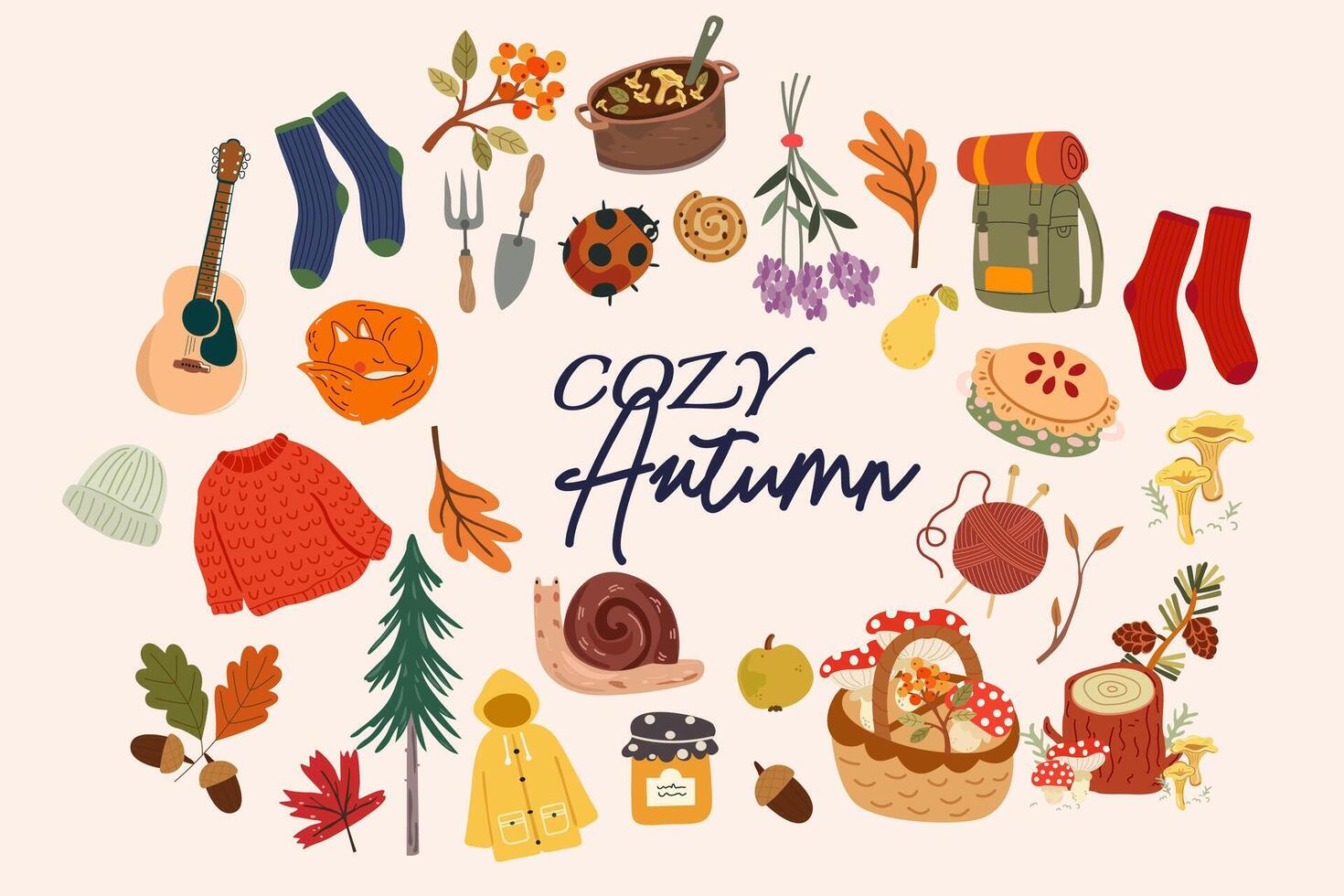 Hello, Autumn. Floral seasonal frame. Autumn set of hand-drawn icons. Set of forest plants, leaf, forest animals, autumn clothes, weather and food vector