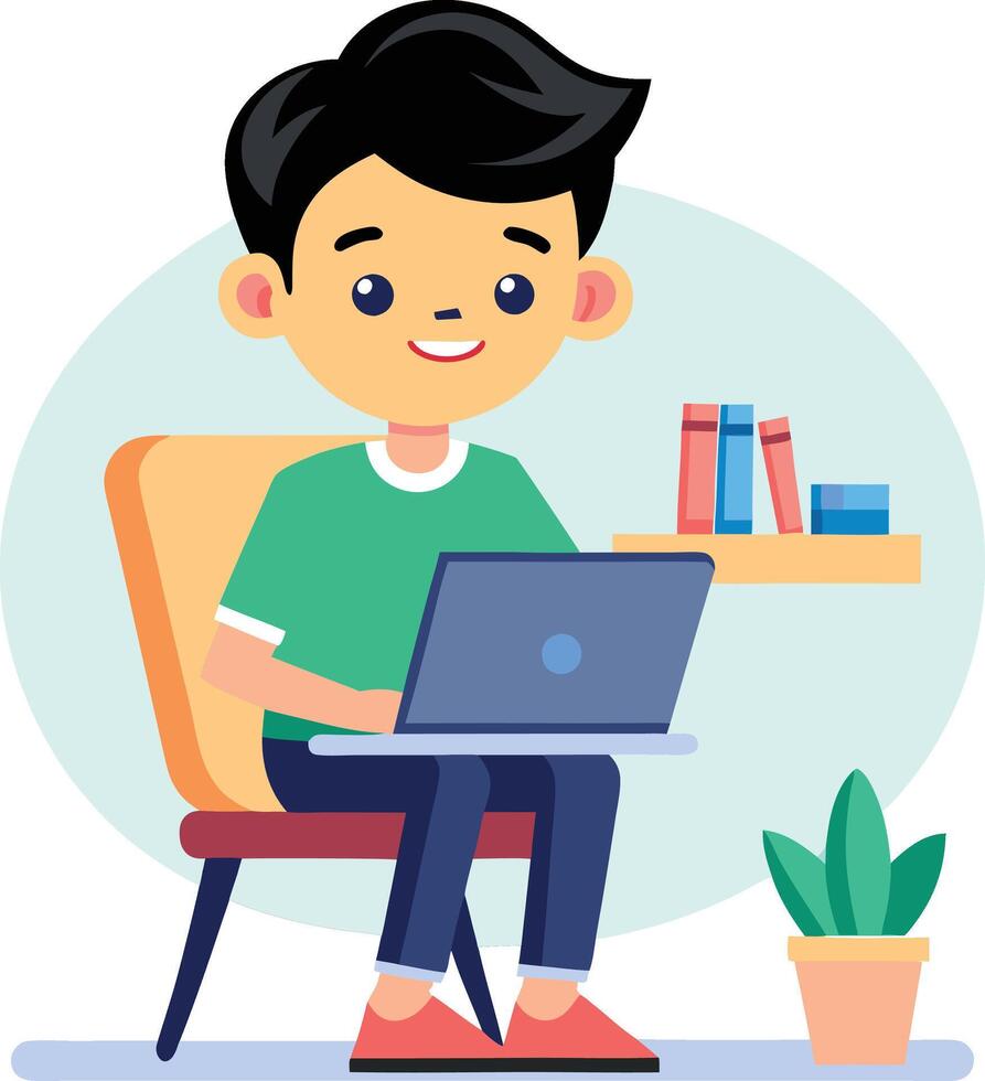 A Boy With Laptop On The Chair Studying Concept Cute Illustration vector