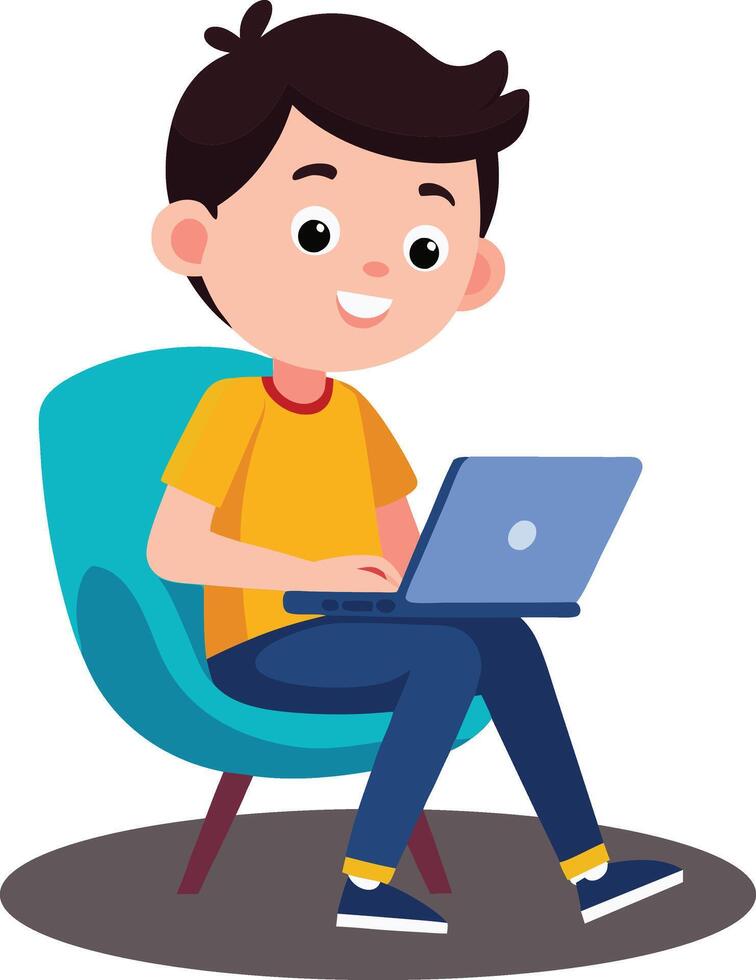 A Boy With Laptop On The Chair Studying Concept Cute Illustration vector