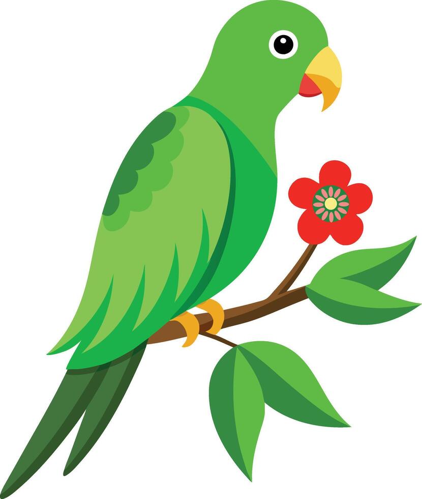 A Green Parrot Sitting On Branch With Flower Clean white background vector