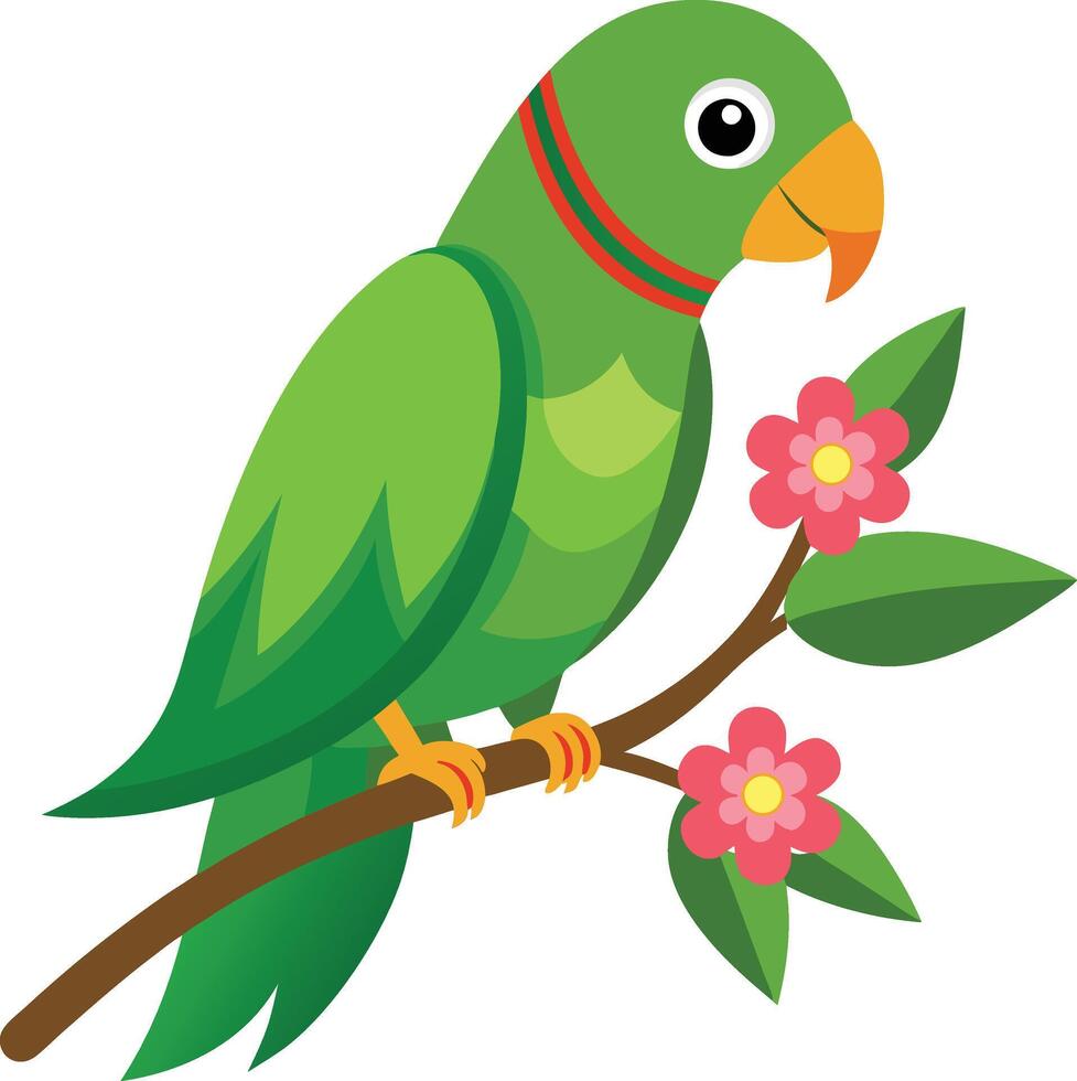 A Green Parrot Sitting On Branch With Flower Clean white background vector
