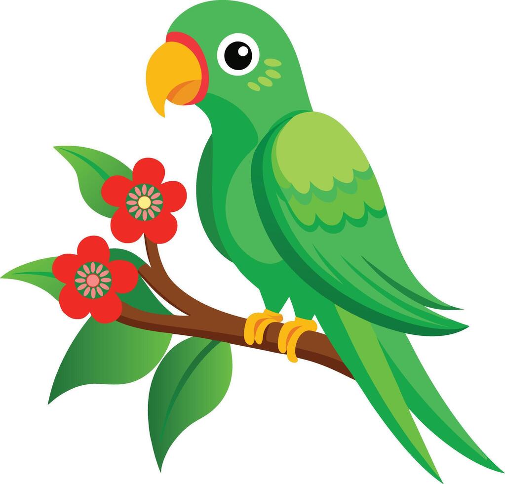 A Green Parrot Sitting On Branch With Flower Clean white background vector