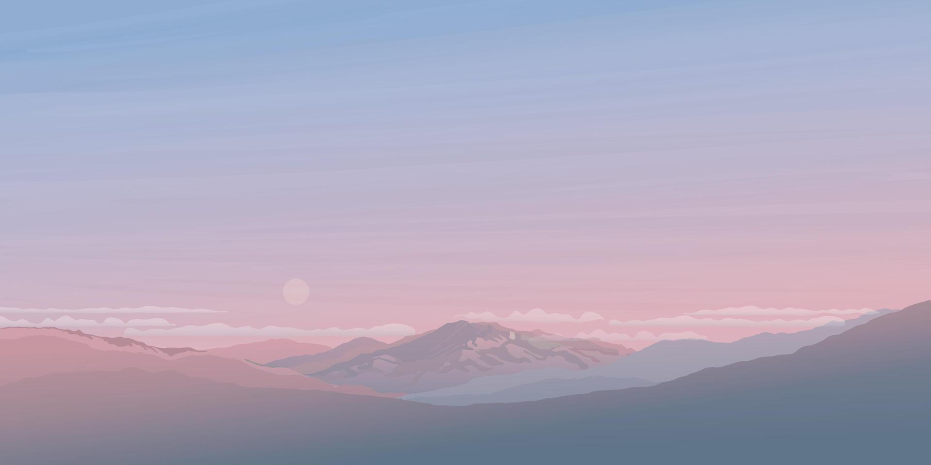 Minimalist sunset landscape with mountain ranges and dramatic sky background graphic illustrated have blank space. vector