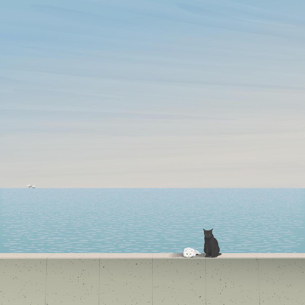 Minimalism landscape of blue sea with white cat and black cat sitting on cement barrier at seaside in the morning graphic illustration have blank space. vector
