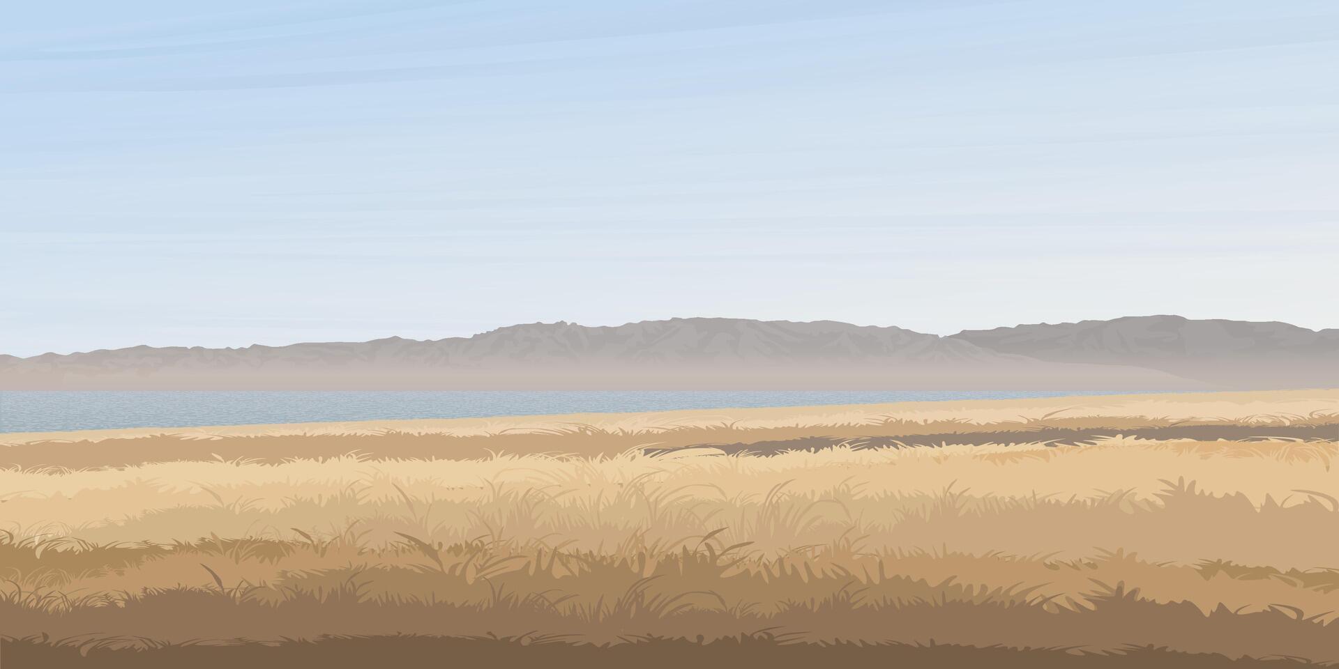 Minimalist landscape of grass field, lake and mountain ranges in autumn season flat design graphic illustrated. vector