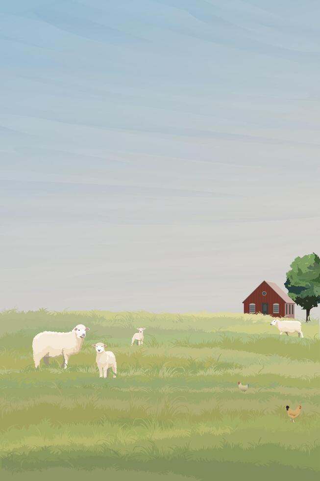 Rural farm minimalism landscape in the morning graphic illustration with blank space. Livestock flat design for eco or daily products advertisement. vector
