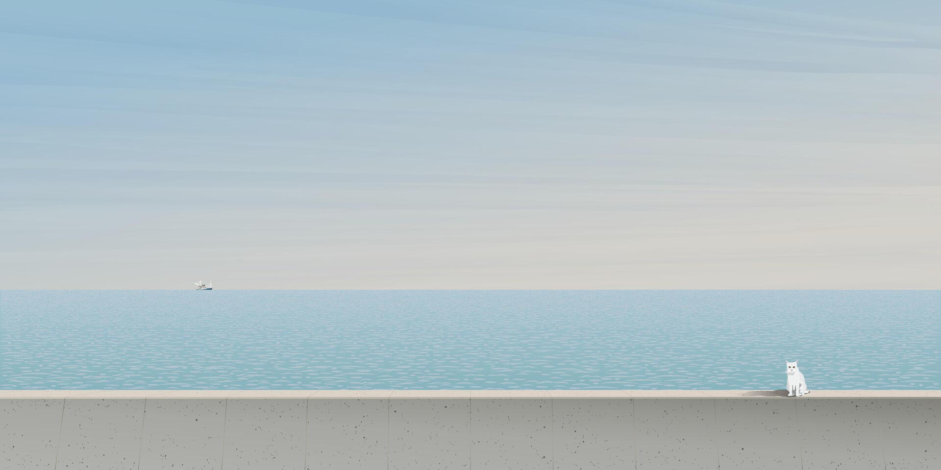Minimalism landscape of blue sea with white cat sitting on barrier at seaside in the morning graphic illustration have blank space. vector