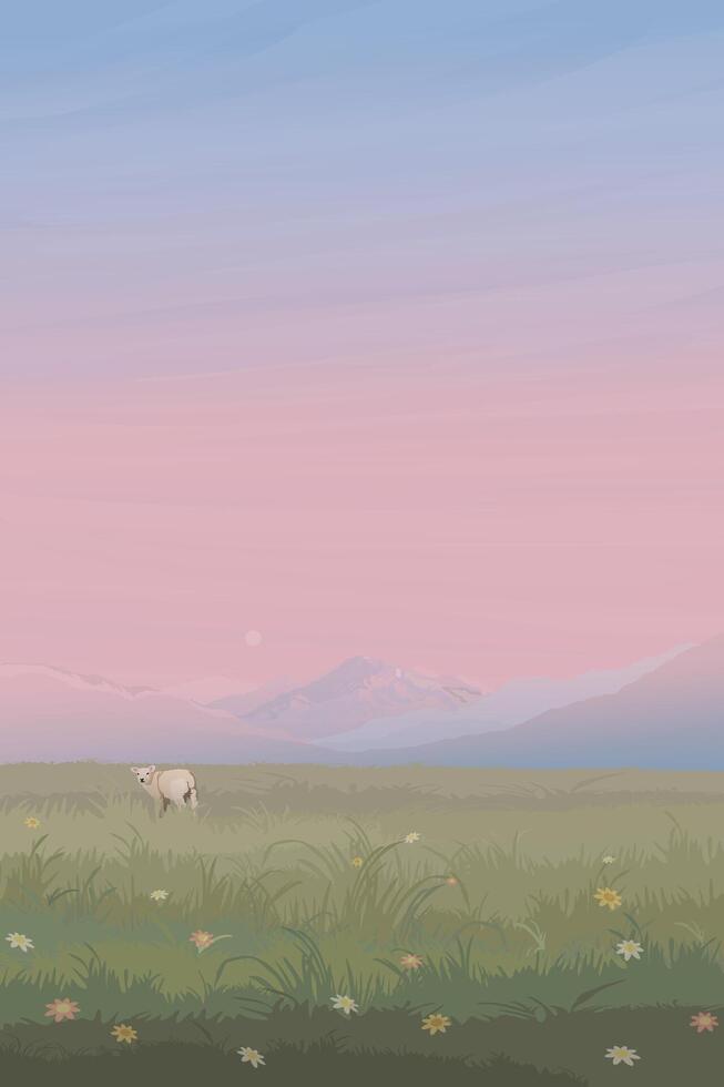Minimalist sunset landscape grass hill with one sheep have mountain ranges behind graphic illustrated have vertical blank space. vector