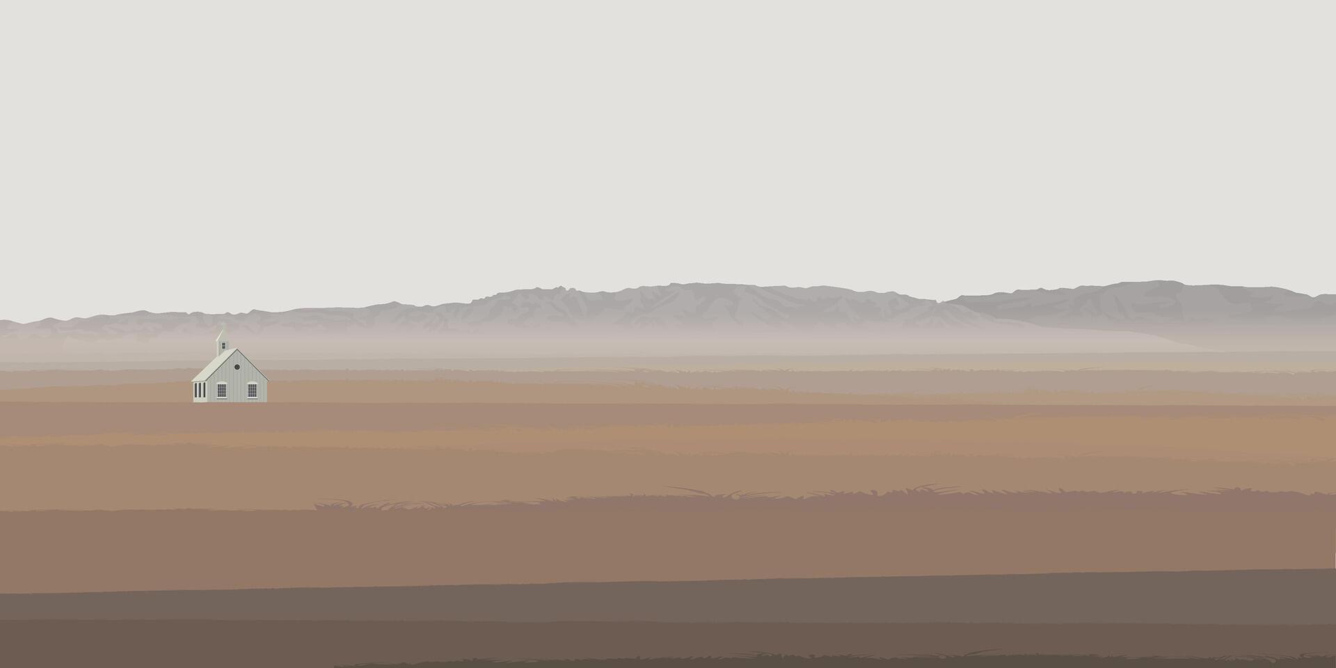 Minimalist landscape desert with old church have mountain ranges behind flat design graphic illustrated. vector