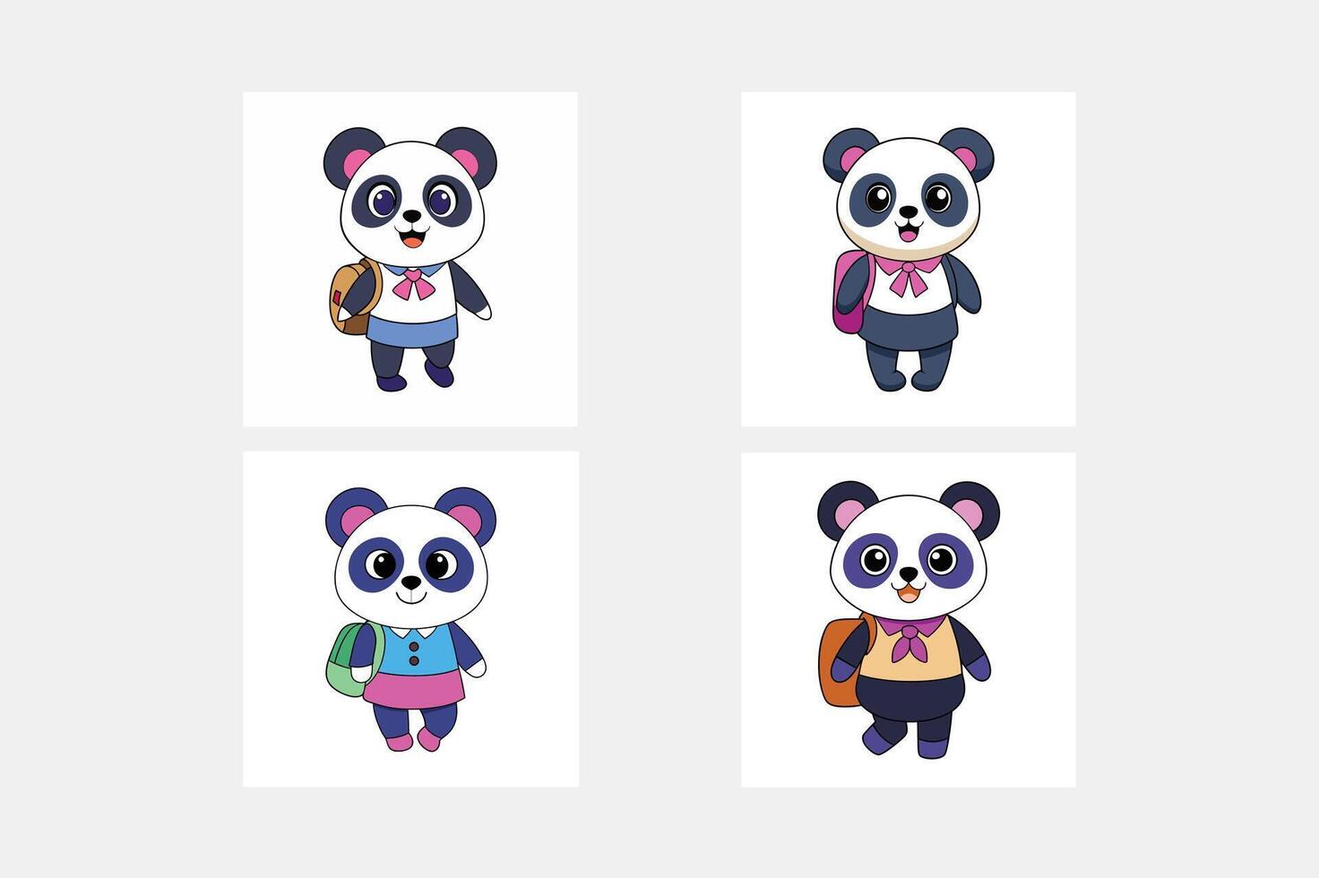 Cartoon panda bear going to school.A joyful cute lion cub in a school uniform with bag .Kid kawaii tropical animal go to school. vector