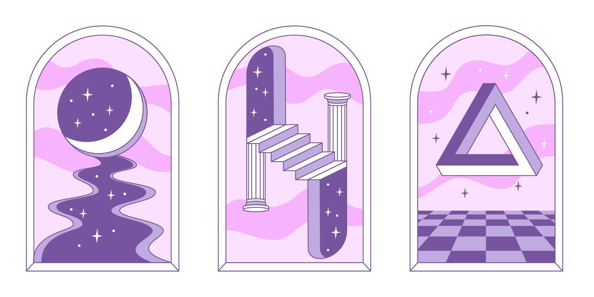 Surrealism poster set. Abstract shapes, moon light, stairs and geometric elements. illustration in minimal style vector