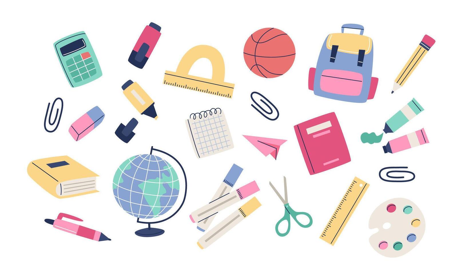 Childrens school elements. Set of school supplies. illustration in flat style vector