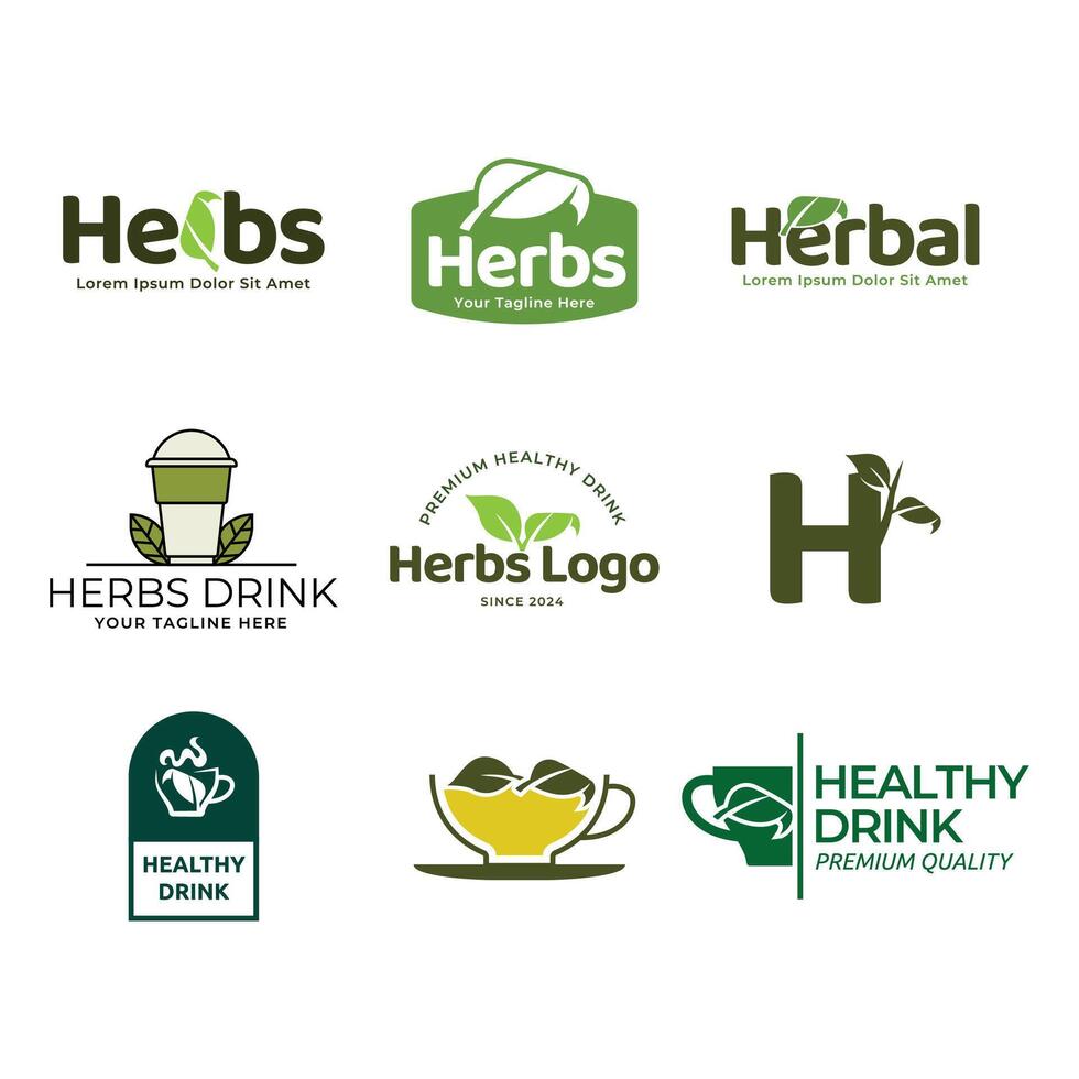 Set of herbs drink or Tea logos on a green background vector