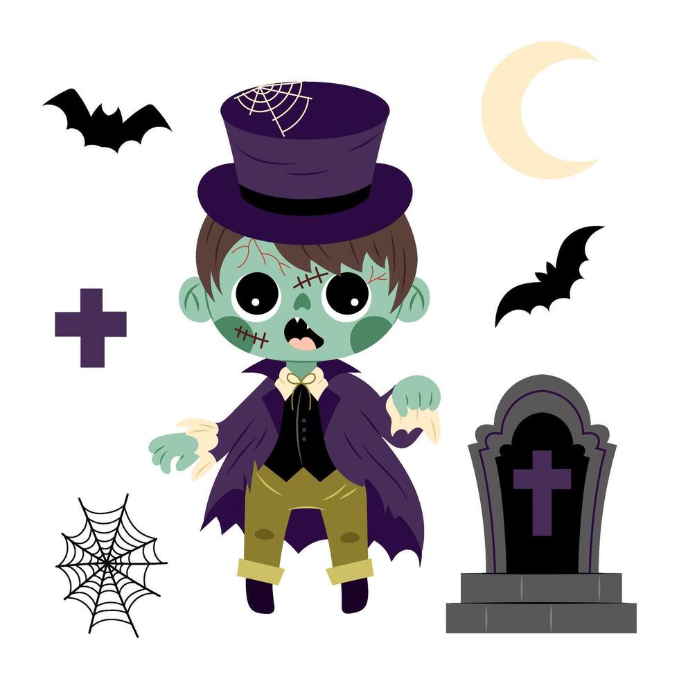 A zombie character with various decorative elements. Boy gentleman with. Little dead boy. Halloween decor for cards, poster, invitation. Illustration in flat style. vector