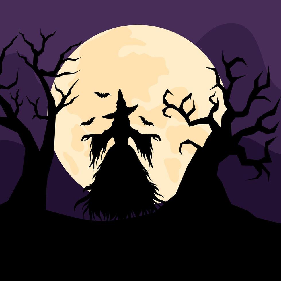 Midnight Halloween background with witch and bats. Silhouettes of old scary trees. Festive background with witch silhouette in flat style. vector