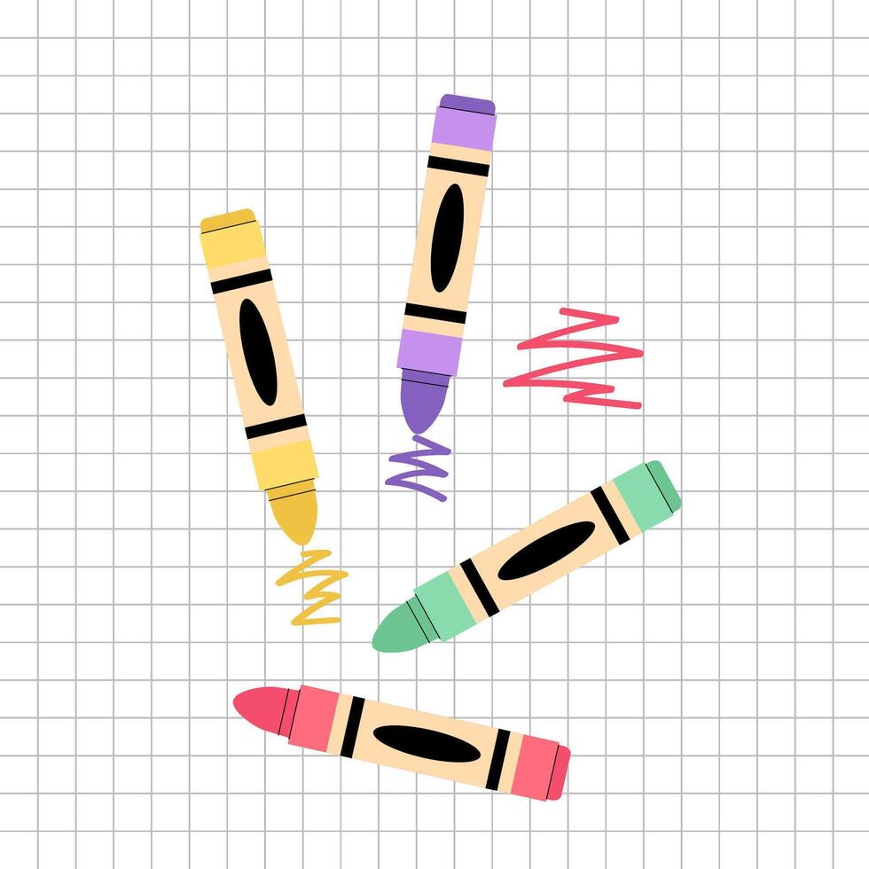 Set of coloured crayons for drawing. Preschool pencils for education. Wax pencils with strokes on paper. Coloured kids pencils in a flat style. vector
