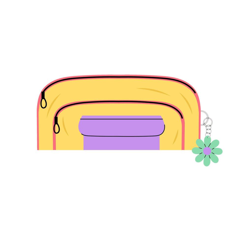 Kids school pencil case for pencils and pens with keychain. Cosmetic bag, textile organiser for storage. Illustration in flat style on a white background. vector