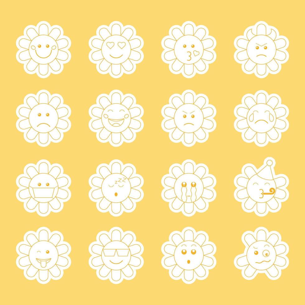 Set of stickers of cute emoticons in the form of daisies, different emotions. Illustration for scrapbook design, postcards, flyers, stickers, posters. vector