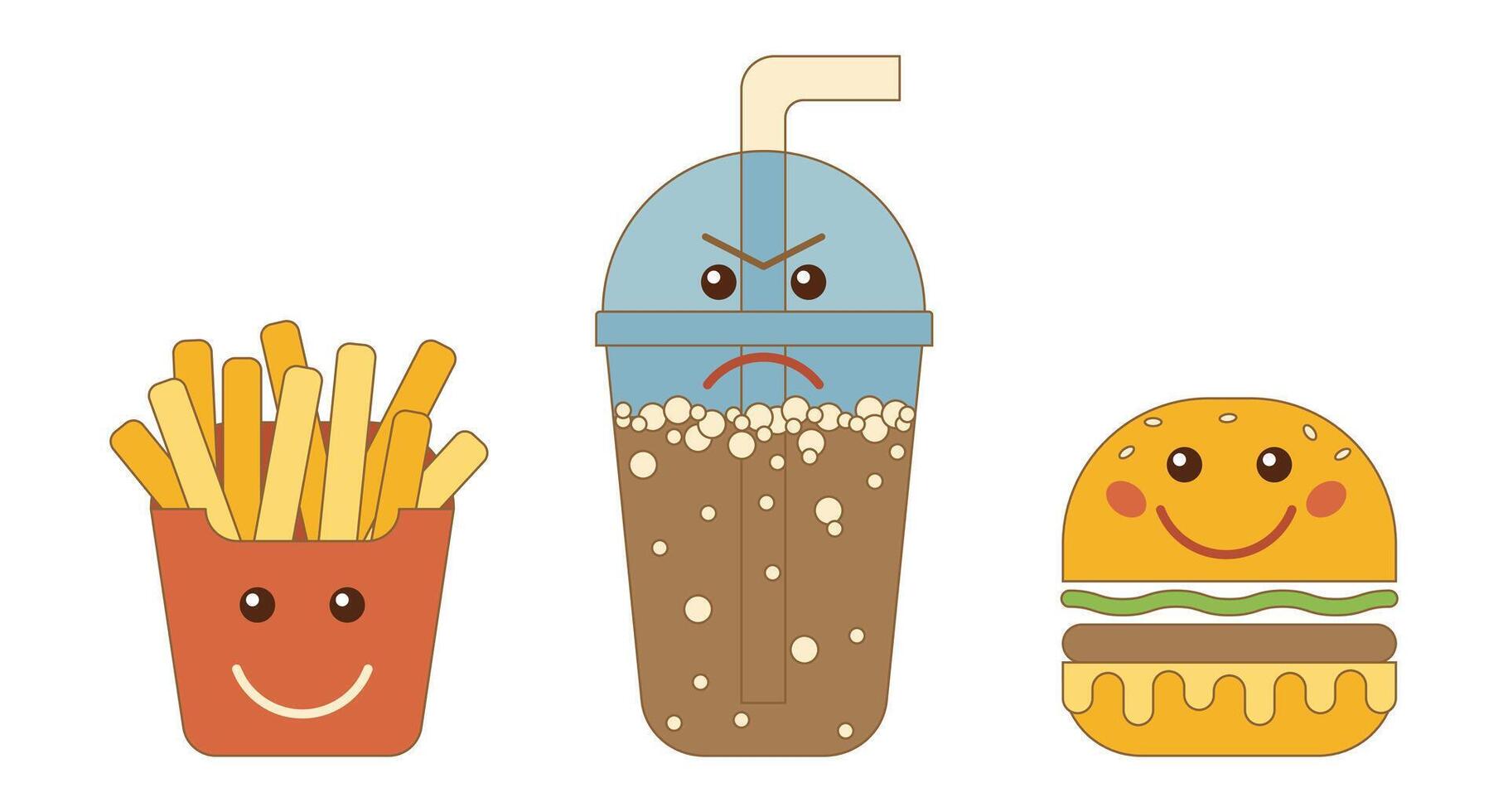 A set of three fast food items in the form of cartoon smiley faces. A burger, fries, a glass of soda. Flat, vintage, retro style for design of letterheads, albums, stickers, flyers, websites. vector